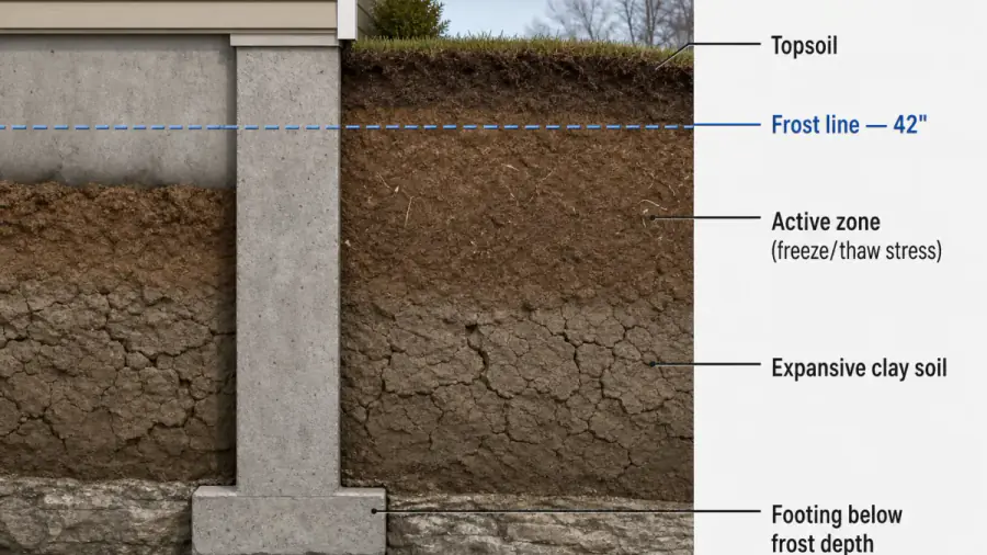 Basement and foundation stresses typical in Des Moines, Iowa — drainage, clay soils, and frost